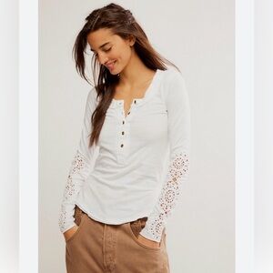 We The Free People white Our Song Henley cotton top crocheted shirt xs x-small